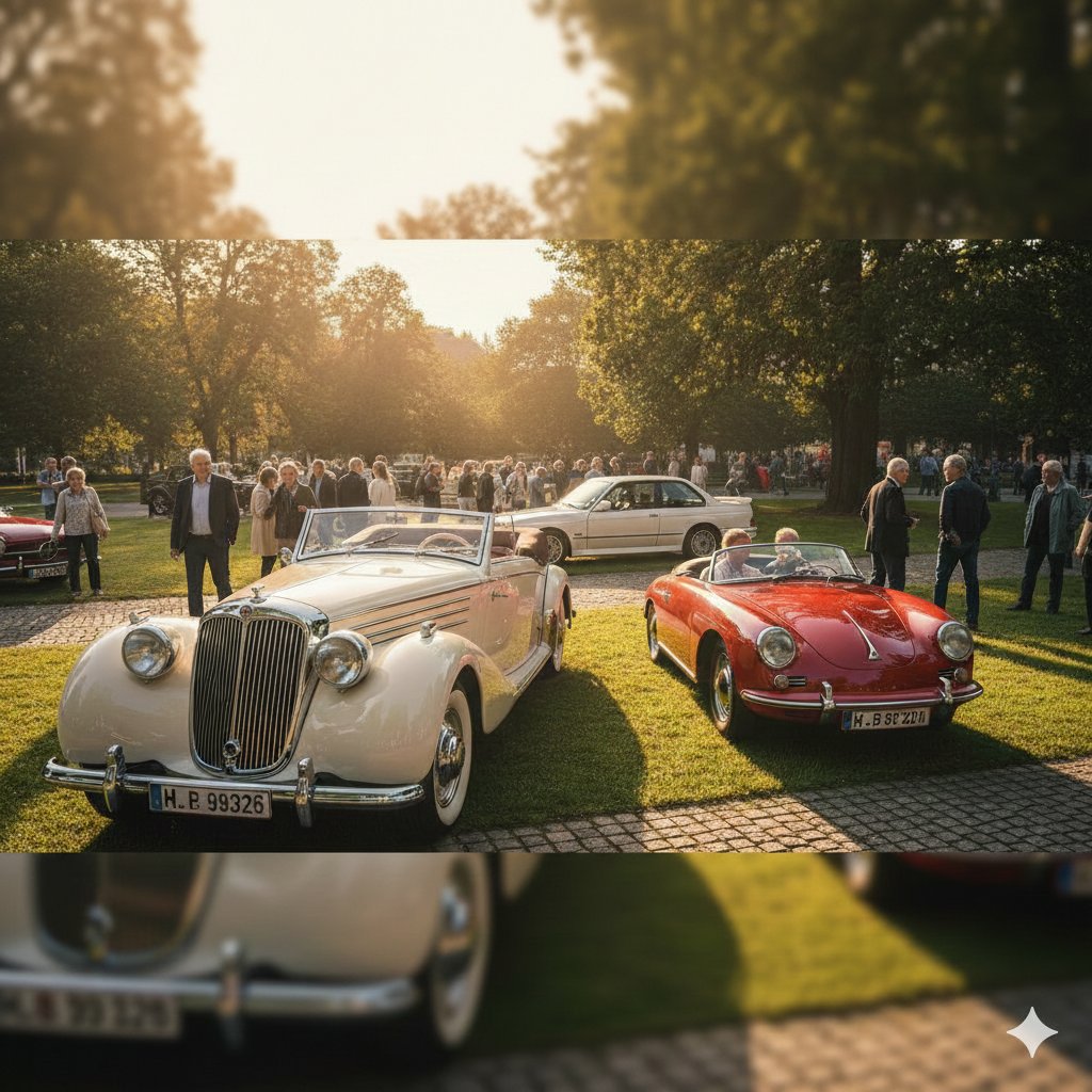 Eleganter weißer Vorkriegs-Roadster neben einem roten Porsche Speedster